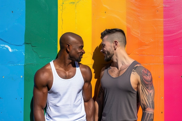 Kostenloses Foto pride-szene mit regenbogenfarben und männern, die ihre sexualität feiern