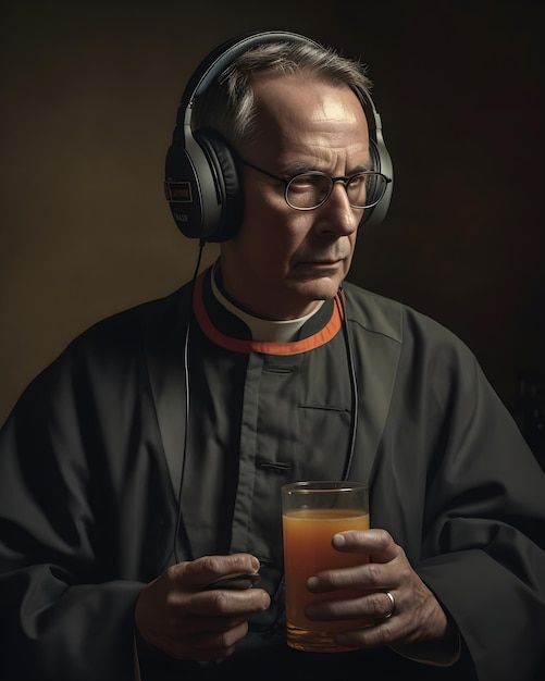 Kostenloses Foto priester tragen kopfhörer und trinken bier fotografie