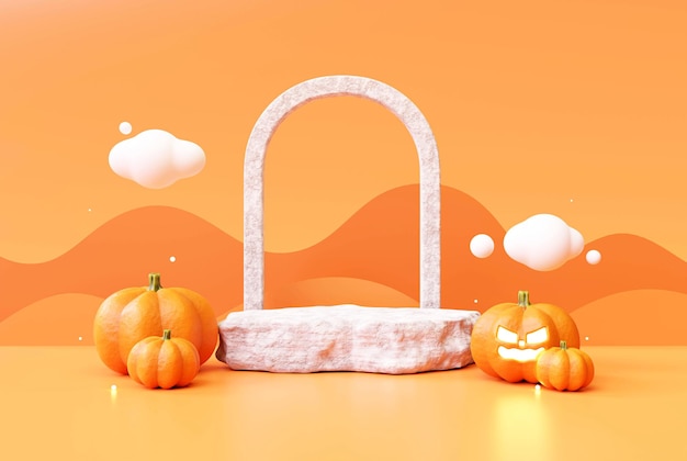 Produktanzeige für Halloween-Kürbis und Steinpodest auf orangefarbenem Hintergrund 3D-Darstellung