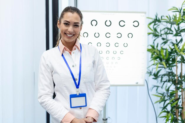 Professionelle Optikerin, die auf die rechtzeitige Sehdiagnose der Sehtafel zeigt Porträt eines Optikers, der den Patienten um einen Augenuntersuchungstest mit einem Sehtafelmonitor in seiner Klinik bittet