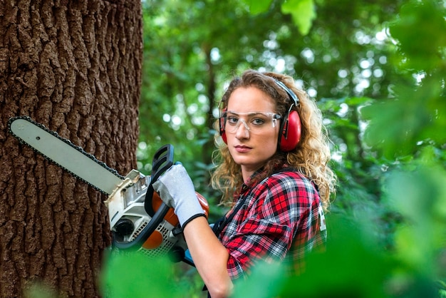 Professioneller Holzfäller im Wald schneidet einen Eichenstamm mit Kettensäge