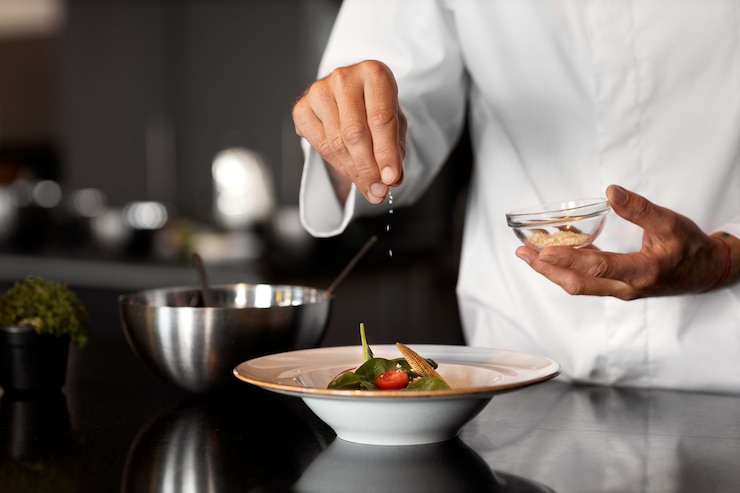 Kostenlose Foto professioneller koch bereitet essen in der küche zu