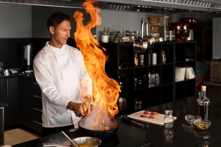 Kostenlose Foto professioneller koch bereitet essen in der küche zu