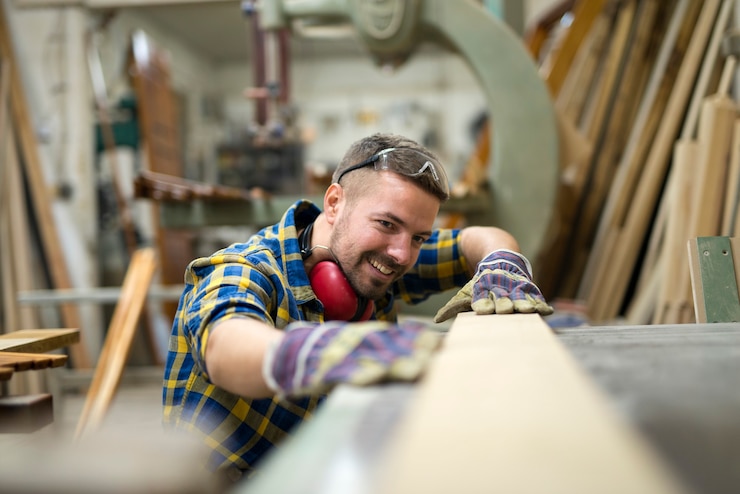 Kostenlose Foto professioneller schreiner, der die glätte des holzprodukts in der werkstatt überprüft