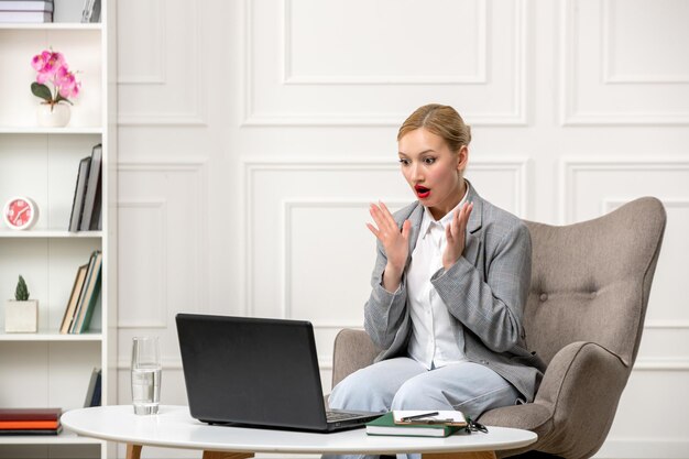 Psychologin, die Online-Sitzungen durchführt, süße blonde junge Berufsfrau sehr schockiert