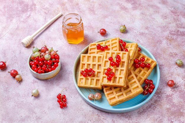 Quadratische belgische Waffeln mit Wollmispelfrüchten und Honig