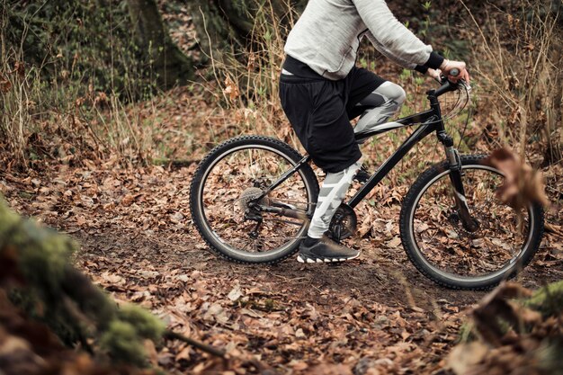 Radfahrerreitfahrrad auf Spur im Wald