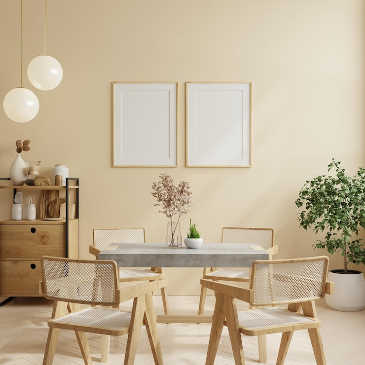 Kostenlose Foto rahmenmodell im luxuriösen esszimmer und cremefarbenem hintergrund