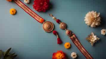 Kostenloses Foto raksha bandhan-hintergrund mit eleganten rakhi-reiskörnern und blumen. ein traditionelles indisches armband, das ein symbol der liebe zwischen brüdern und schwestern ist