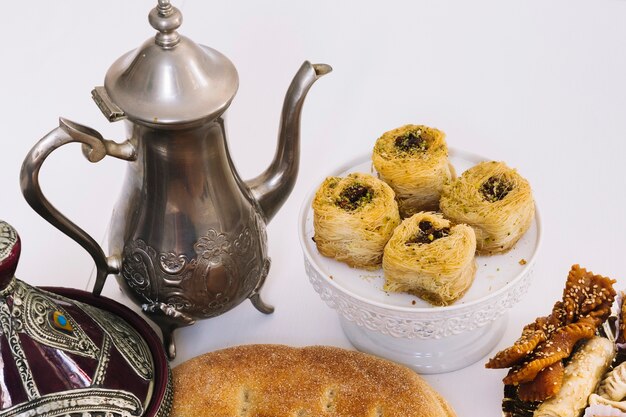 Ramadan-Komposition mit Teepott und arabischem Essen