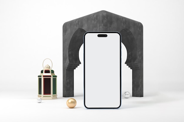 Kostenloses Foto ramadan phone 14 bildschirm und laternenvorderseite im weißen hintergrund