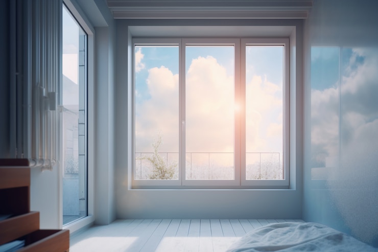 Kostenlose Foto raum mit fenster und surrealistischer aussicht