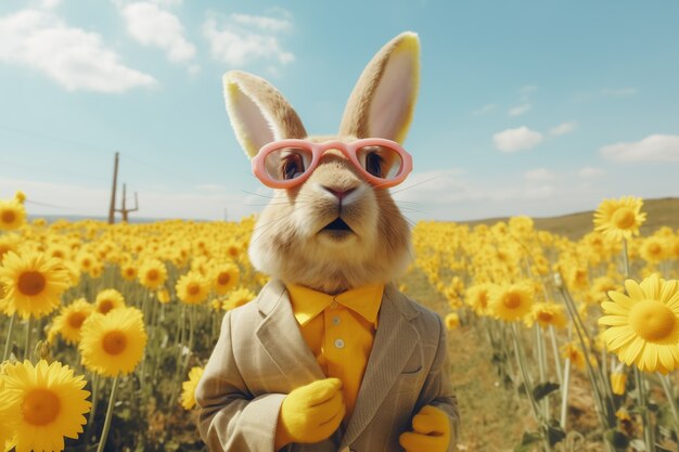 Realistisch elegantes Osterhase mit Brille und Jacke in einem Sonnenblumenfeld