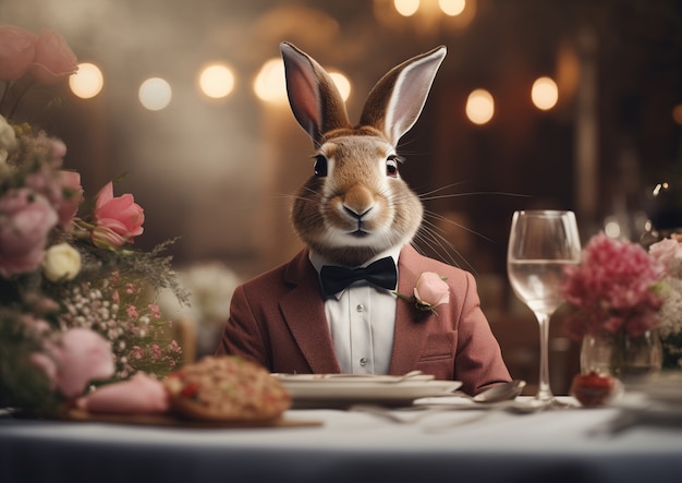 Realistischer eleganter Osterhase mit einem Jackenanzug an einem Restaurant-Tisch