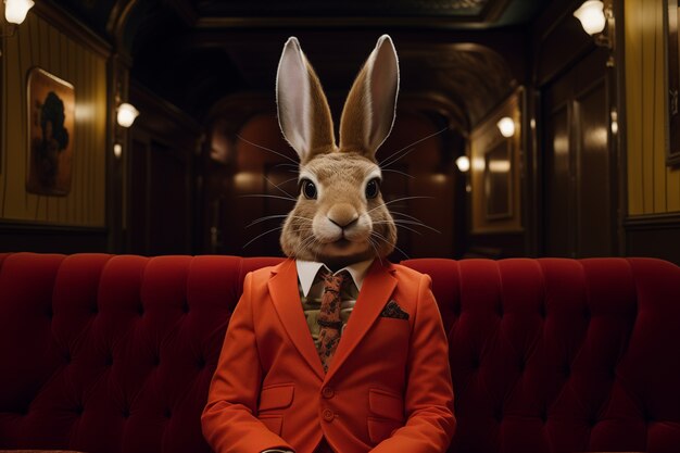 Realistischer eleganter Osterhase mit Jackenanzug in einem Theater