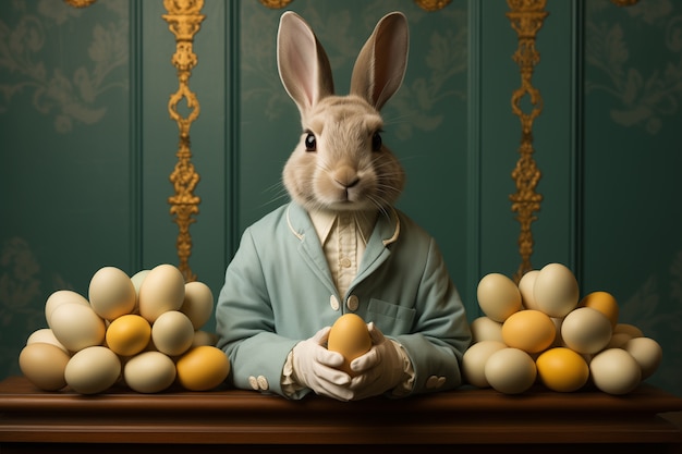 Realistischer eleganter Osterhase mit Ostereiern