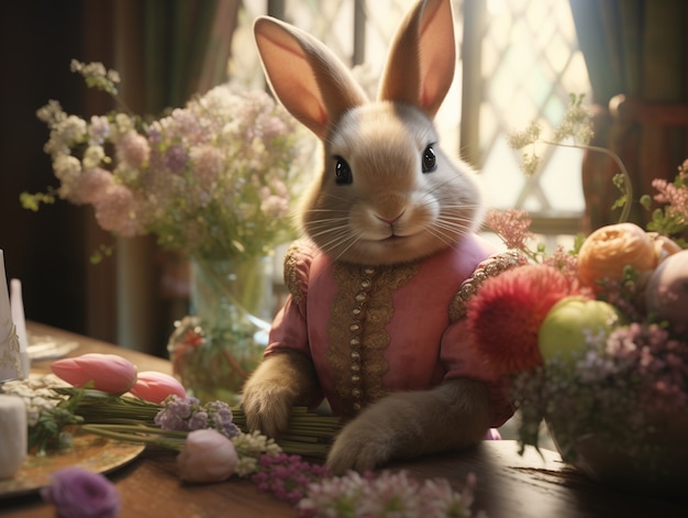 Realistischer Osterhase in einem Blumenladen mit elegantem Kleid