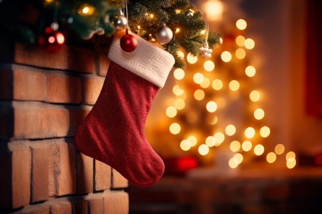 Realistisches Bild einer Socke, die an einem Kamin in einem Raum mit Weihnachtsdekorationen hängt