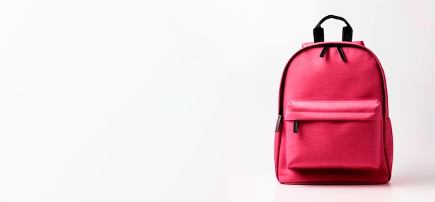 Realistisches leeres Frontbanner mit rotem Rucksack auf weißem Hintergrund