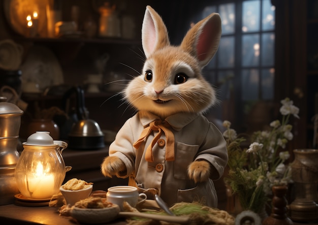 Kostenloses Foto realistisches osterhase mit einer kerze und einer kaffeetasse