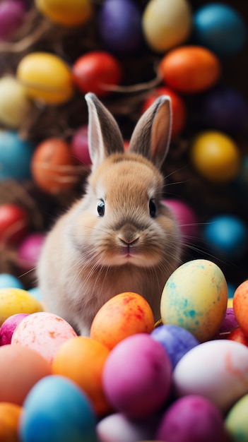 Kostenloses Foto realistisches süßes osterhase mit bunten ostereiern