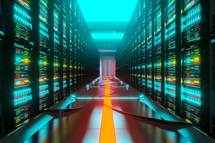 Kostenlose Foto rechenzentrum mit server-racks in einem flurraum. 3d-rendering von digitalen daten und cloud-technologie