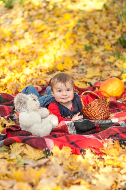 Recht kleines Baby, das auf eine Picknickdecke legt