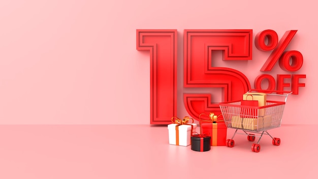Red trolley verkauf zum verkauf rabatt 15 prozent 3d render mit geschenkelementen