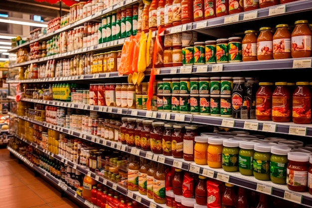 Regalreihen mit Warenprodukten in einem Supermarkt. Verschiedene Konfitüren und Nudeln. Regale voll und aufgeräumt