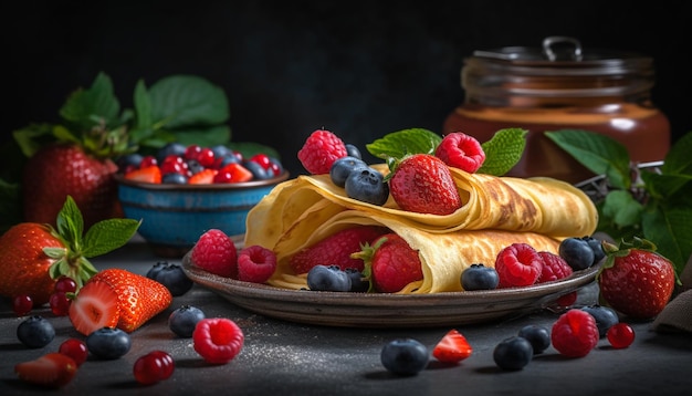 Reife Beerenpfannkuchen, beträufelt mit süßer blauer Soße, die von KI erzeugt wurde