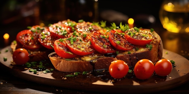 Kostenloses Foto reife tomatenscheiben auf brot mit pesto als einfacher vorspeise