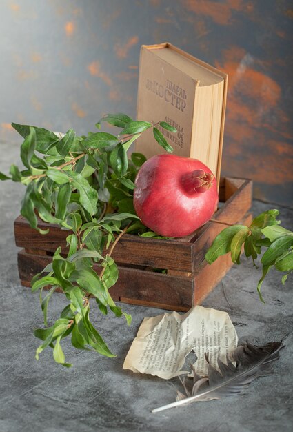 Reifer Granatapfel und Buch in Holzkiste mit Blättern und Federn