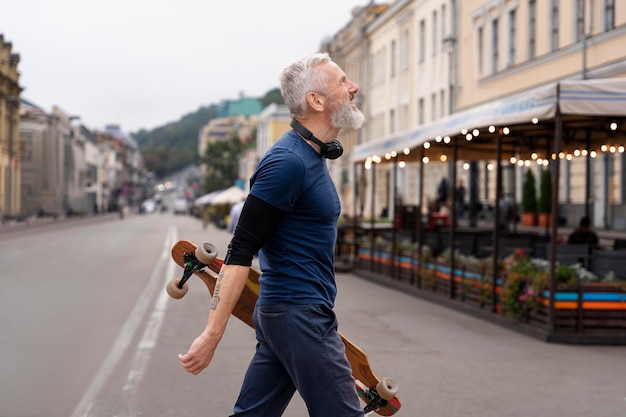 Kostenloses Foto reifer mann mit nachhaltigem mobilitätsskateboard