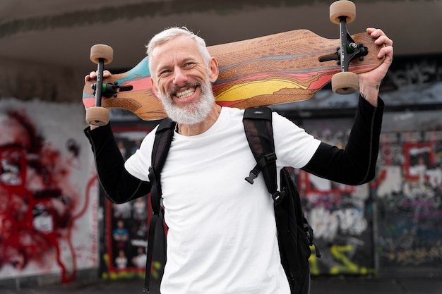 Kostenloses Foto reifer mann mit nachhaltigem mobilitätsskateboard