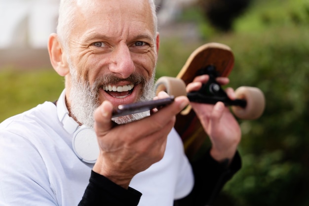 Kostenloses Foto reifer mann mit nachhaltigem mobilitätsskateboard