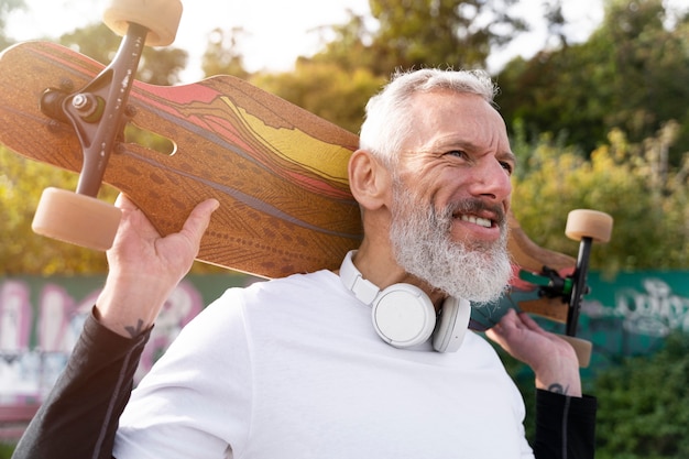 Reifer Mann mit nachhaltigem Mobilitätsskateboard