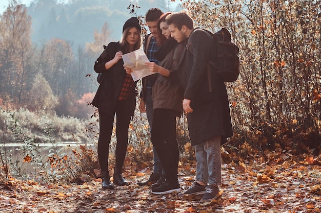 Reisen, wandern, abenteuerkonzept. gruppe junger freunde, die im herbstlichen bunten wald wandern, sich die karte ansehen und eine wanderung planen.