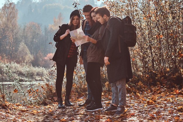 Reisen, Wandern, Abenteuerkonzept. Gruppe junger Freunde, die im herbstlichen bunten Wald wandern, sich die Karte ansehen und eine Wanderung planen.