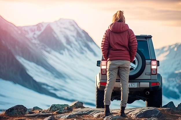 Kostenloses Foto reisende frau neben ihrem auto beobachtet die verschneiten berge