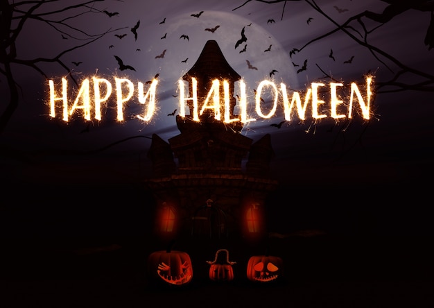 Kostenloses Foto rendern von einem halloween-hintergrund 3d mit kürbissen und gruseligen schloss und wunderkerze schreiben