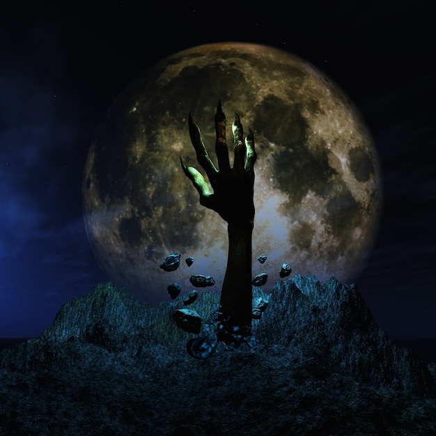 Rendern von einem Halloween-Hintergrund 3D mit Zombie-Hand aus dem Boden ausbricht