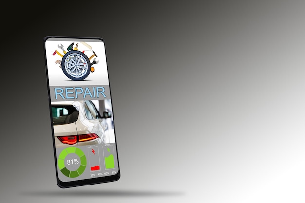 Reparatur auf Smartphone-App auf grauem Hintergrund.