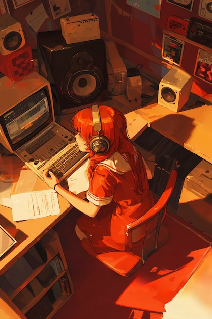 Retro-digitale Illustration einer Person, die Funktechnologie verwendet