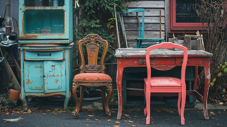 Kostenlose Foto retro-möbel, die auf einem gartenverkauf verkauft werden