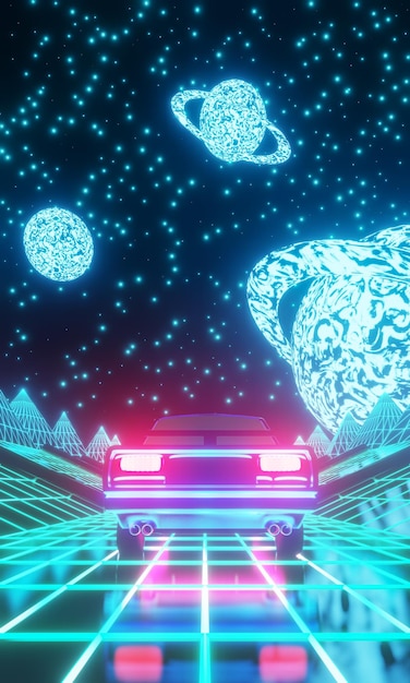 Retro-Szene des Autos, das in der Science-Fiction-Landschaft in Richtung zu einem Planeten reist. 3D-Rendering. Synthwave vj-Thema. Vertikale Ansicht
