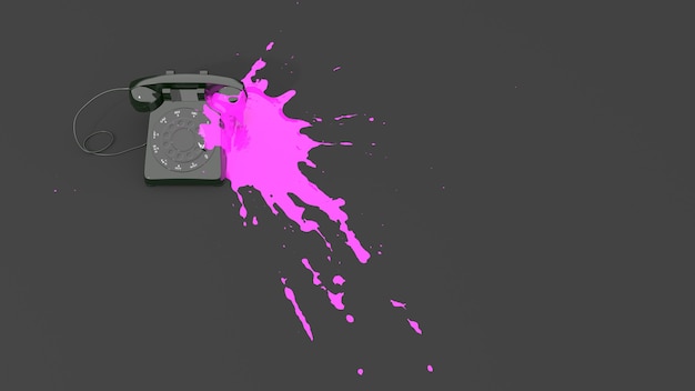 Retro-telefon gefüllt mit rosa farbe in form eines flecks, 3d-darstellung