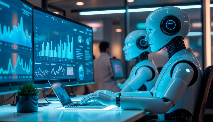 Roboter analysieren Daten auf Computerbildschirmen