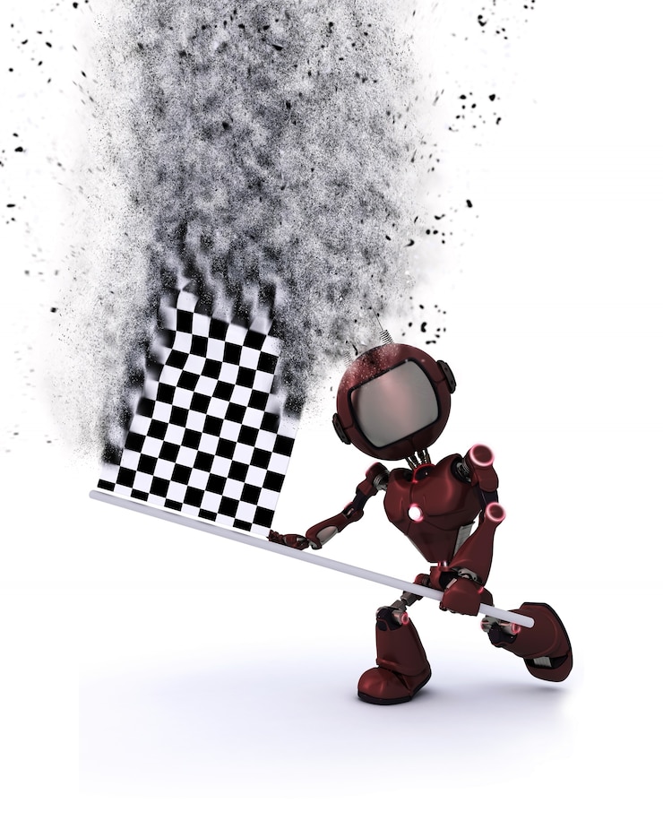 Kostenlose Foto roboter mit einem rennen fahne in 3d