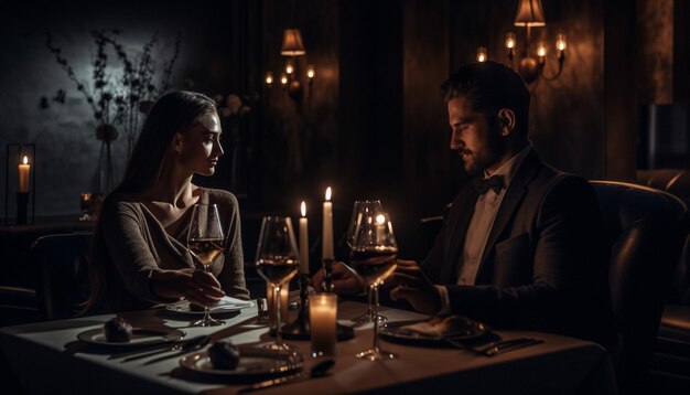 Romantischer Abend mit gemeinsamem Wein und Kerzenlicht, generiert von KI