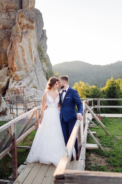 Romantisches verliebtes Hochzeitspaar Spaziergänge in den Bergen und im Wald